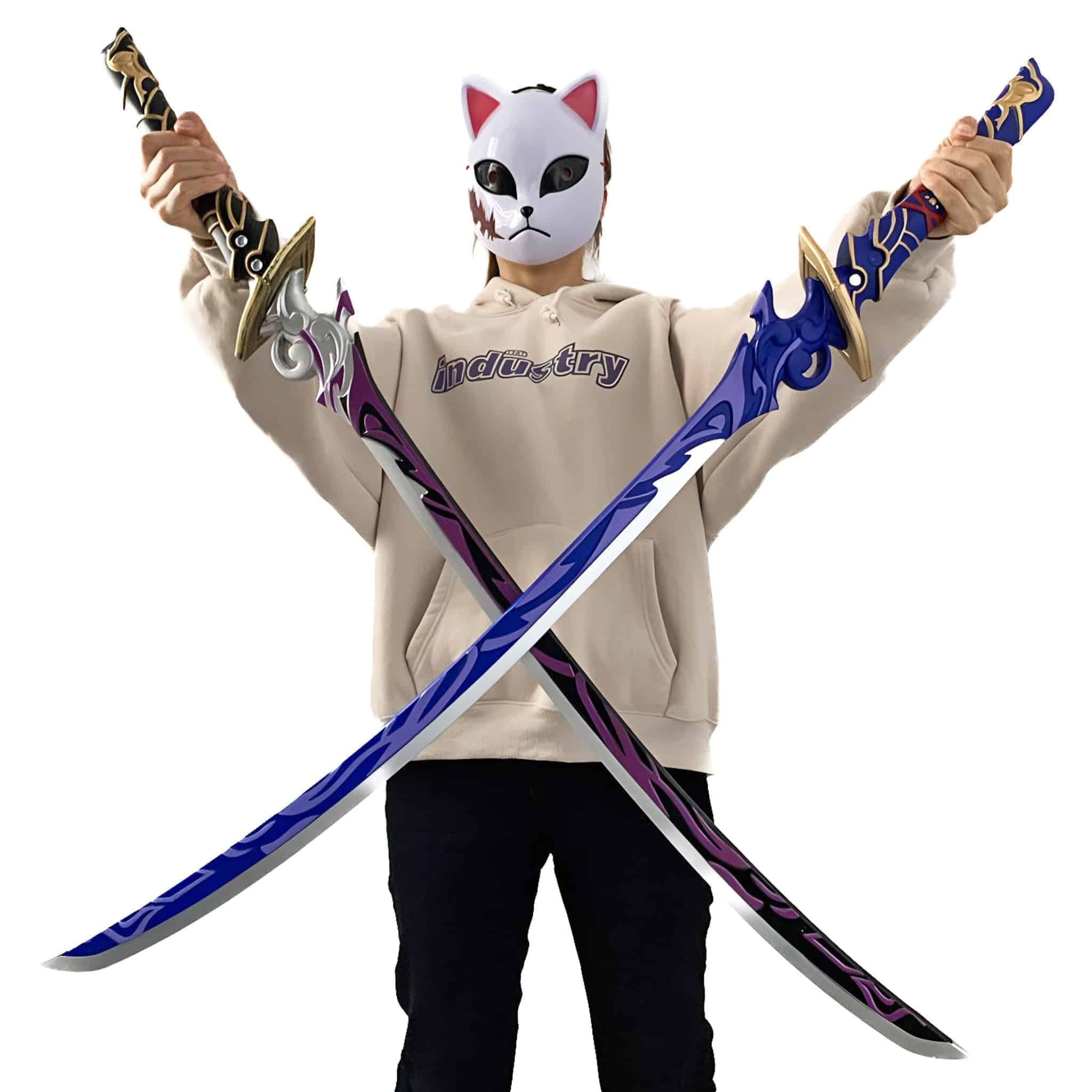 Exquisitely crafted Raiden Shogun Katana inspired by Genshin Impact, available in blue or purple styles, made from safe PU rubbe