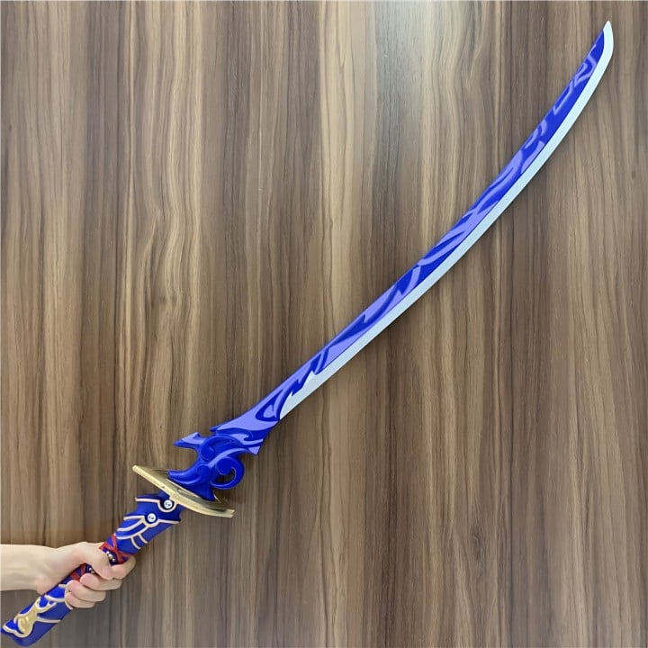 Exquisitely crafted Raiden Shogun Katana inspired by Genshin Impact, available in blue or purple styles, made from safe PU rubbe
