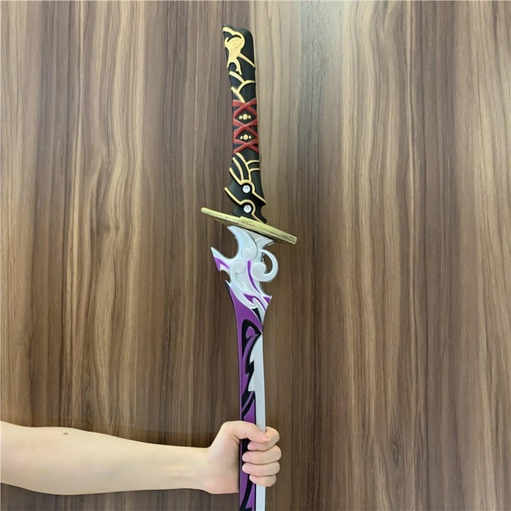 Exquisitely crafted Raiden Shogun Katana inspired by Genshin Impact, available in blue or purple styles, made from safe PU rubbe