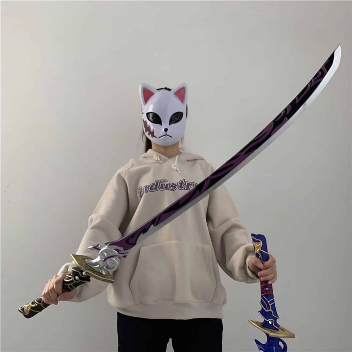 Exquisitely crafted Raiden Shogun Katana inspired by Genshin Impact, available in blue or purple styles, made from safe PU rubbe