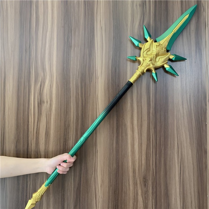 Exquisitely crafted Primordial Jade Winged-Spear Staff replica inspired by Genshin Impact's Xiao, made from safe PU rubber