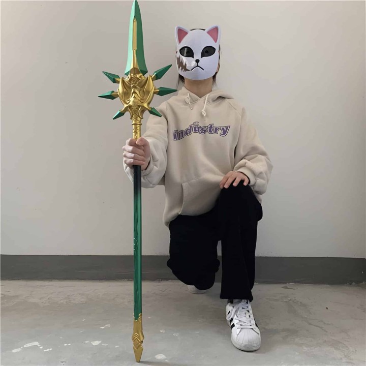 Exquisitely crafted Primordial Jade Winged-Spear Staff replica inspired by Genshin Impact's Xiao, made from safe PU rubber
