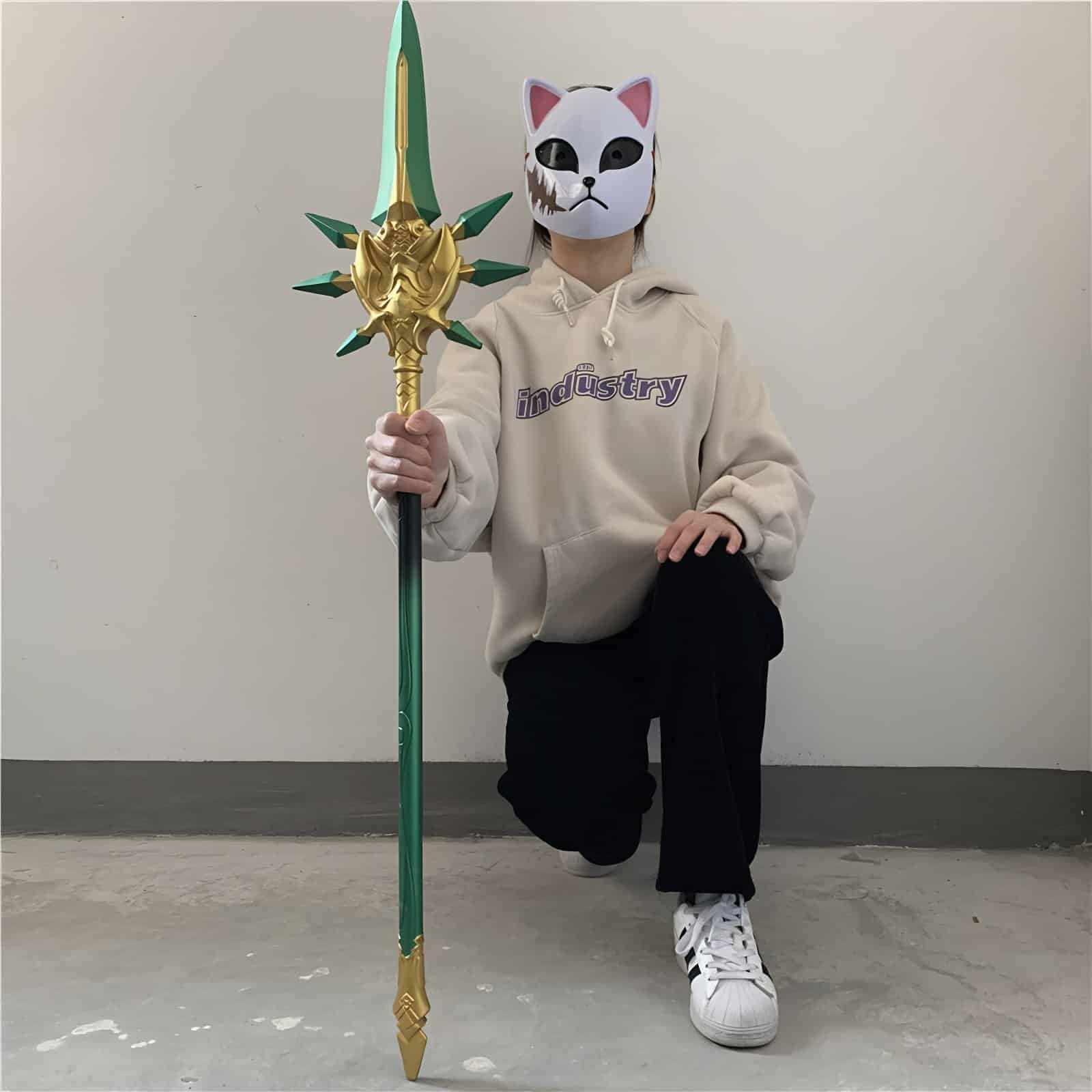 Exquisitely crafted Primordial Jade Winged-Spear Staff replica inspired by Genshin Impact's Xiao, made from safe PU rubber