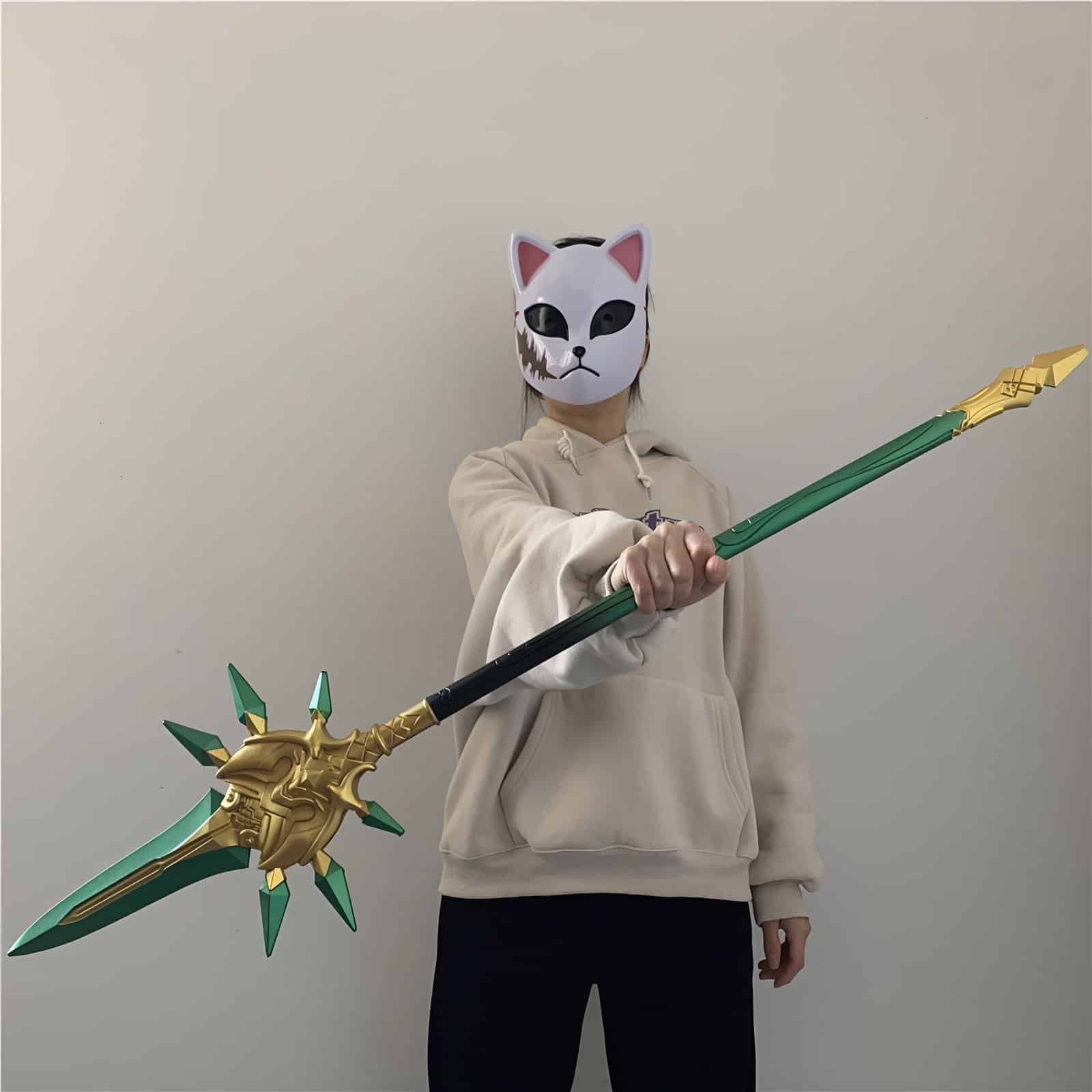 Exquisitely crafted Primordial Jade Winged-Spear Staff replica inspired by Genshin Impact's Xiao, made from safe PU rubber