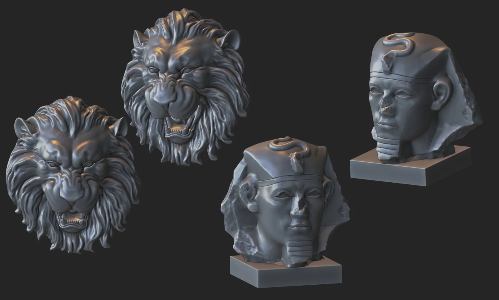 Lion and sphinx bust models rendered in grey
